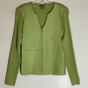 Escapade Jacket Womens Medium Green Leather Ribbed Knit Full Zip Lined